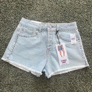 Vanilla Star butterfly studded high waisted light washed blue Jean Shorts